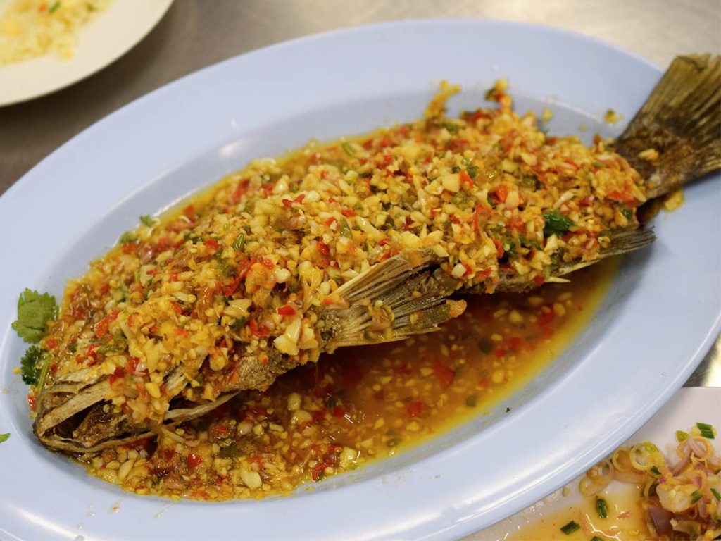 Pla Tubtim Rad Prik Thai Fried Fish with Fresh Chili-Garlic Sauce the food quest