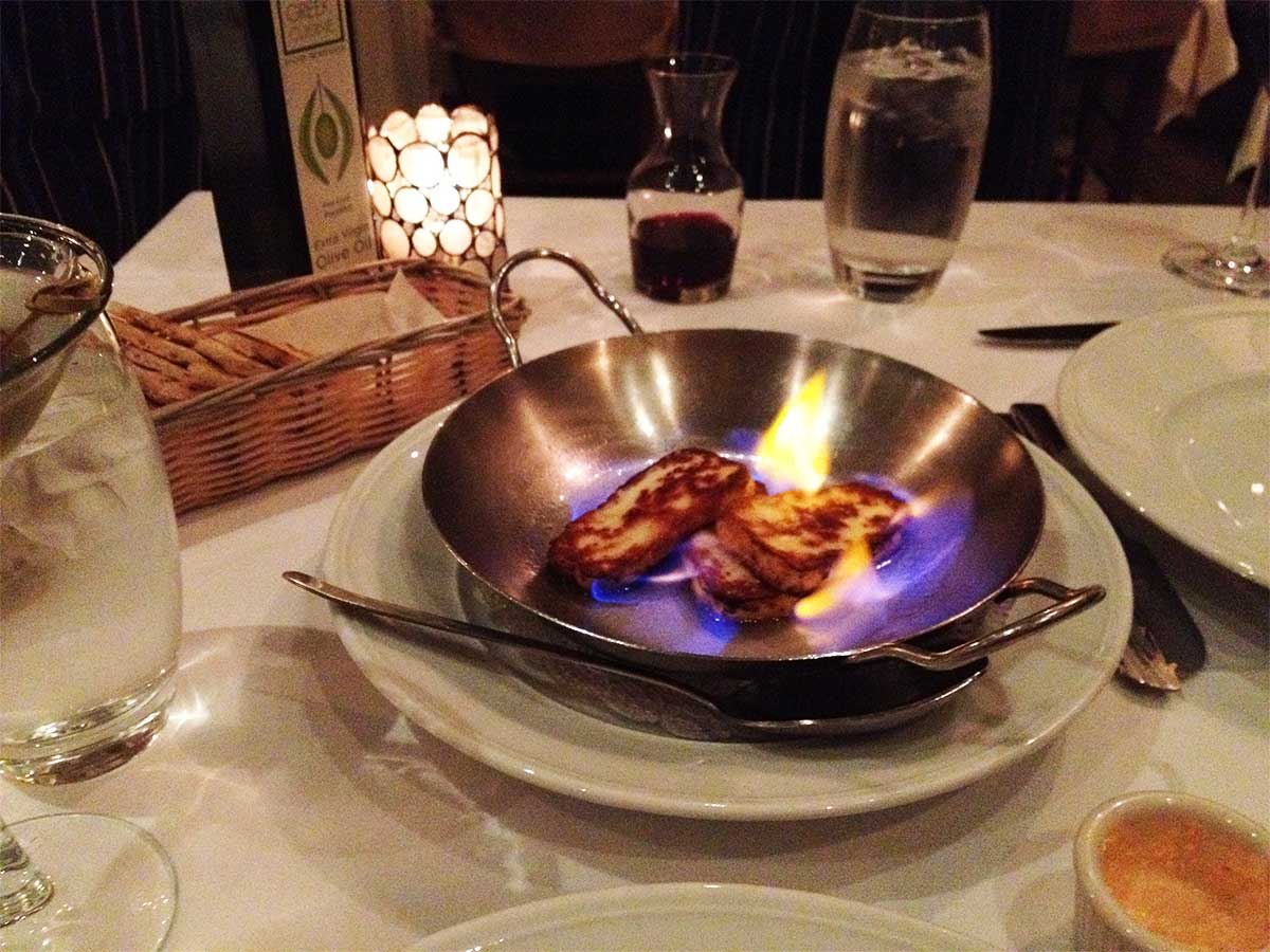 flaming ouzo halloumi cheese at molyvos nyc