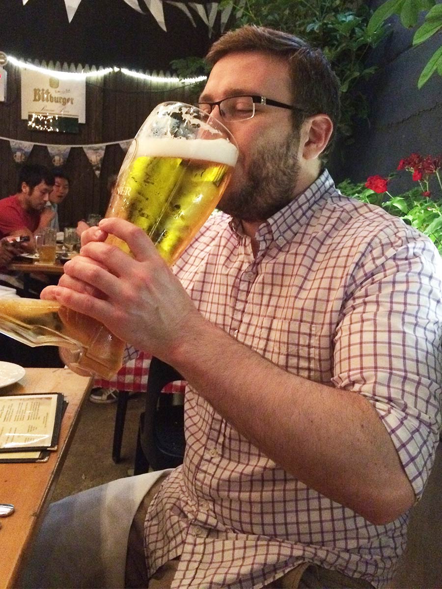 drink beer out of a boot at nyc best restaurant heidelberg german food nyc